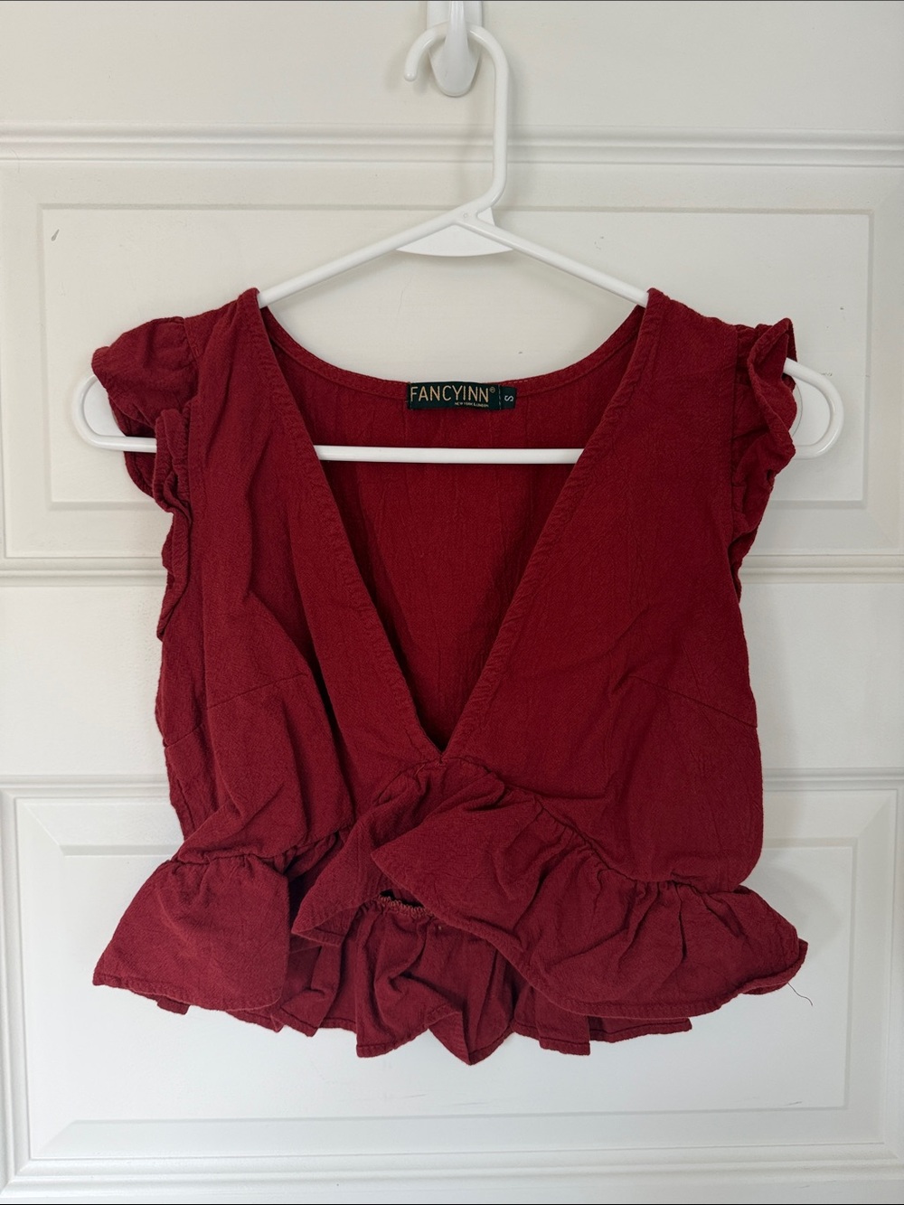Fancyinn Deep Red Ruffle Wrap Women's Top
